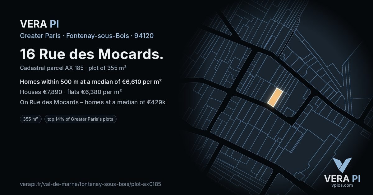 16 Rue des Mocards, Fontenay-sous-Bois at night – the plot lit, the parcels around coloured by the prices near them
