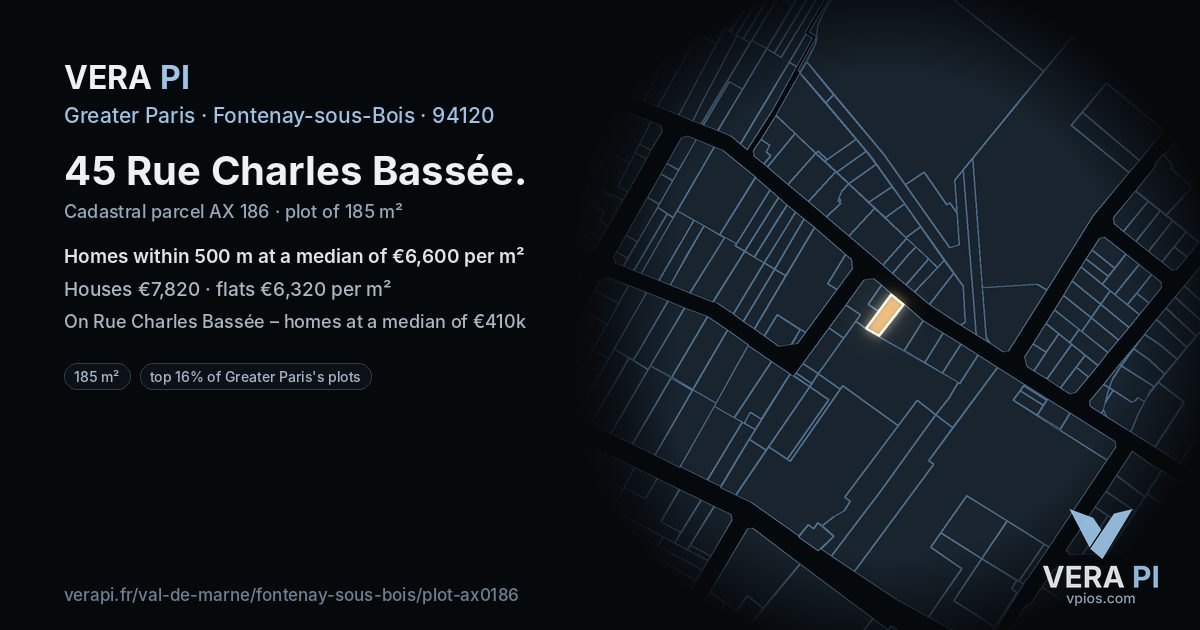45 Rue Charles Bassée, Fontenay-sous-Bois at night – the plot lit, the parcels around coloured by the prices near them