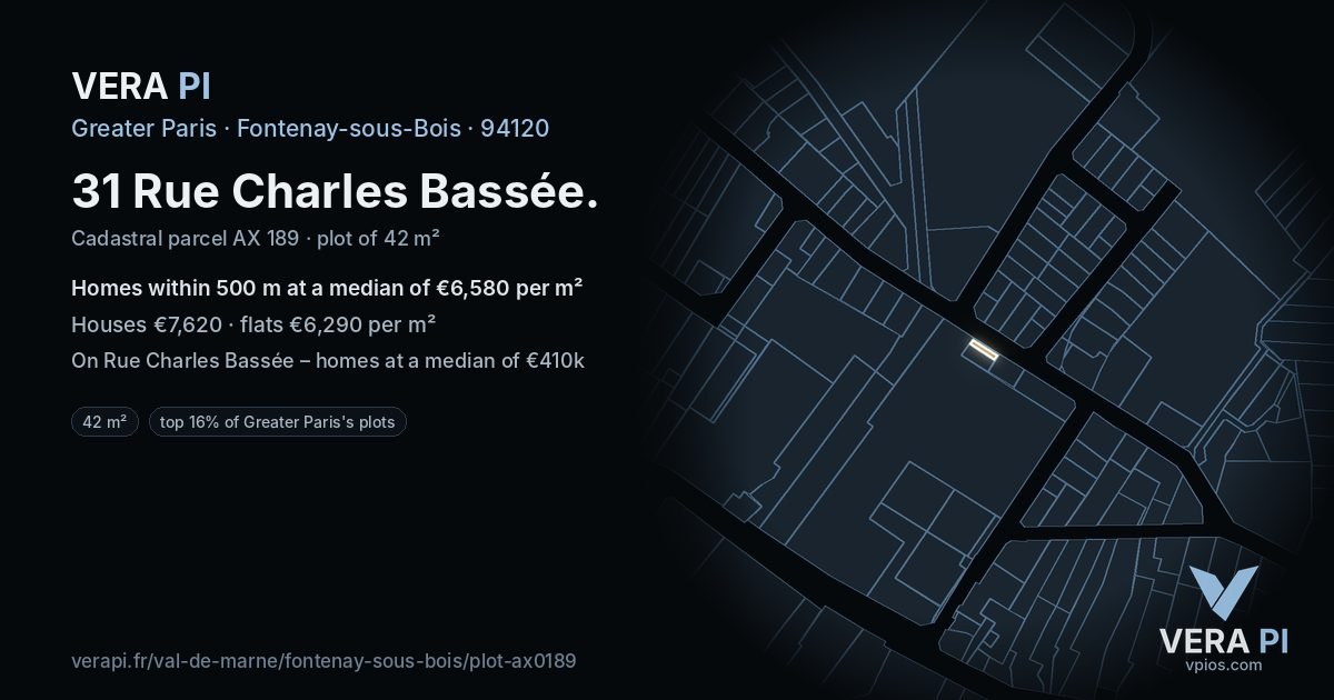 31 Rue Charles Bassée, Fontenay-sous-Bois at night – the plot lit, the parcels around coloured by the prices near them