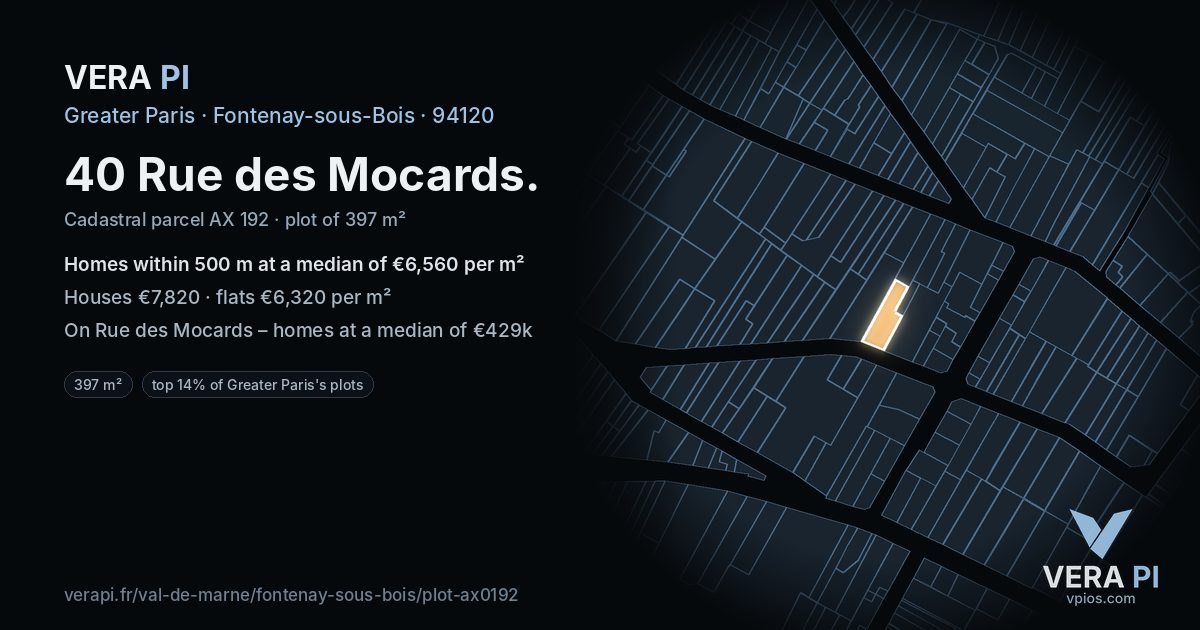 40 Rue des Mocards, Fontenay-sous-Bois at night – the plot lit, the parcels around coloured by the prices near them