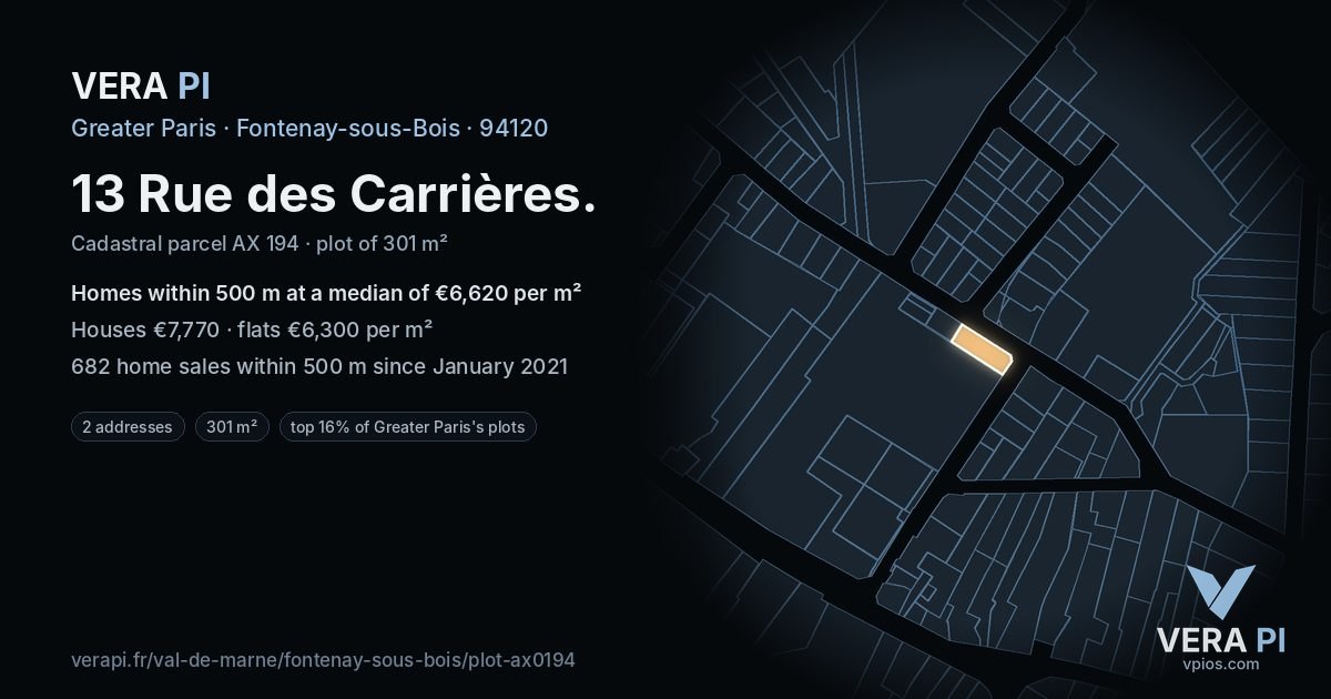 13 Rue des Carrières, Fontenay-sous-Bois at night – the plot lit, the parcels around coloured by the prices near them