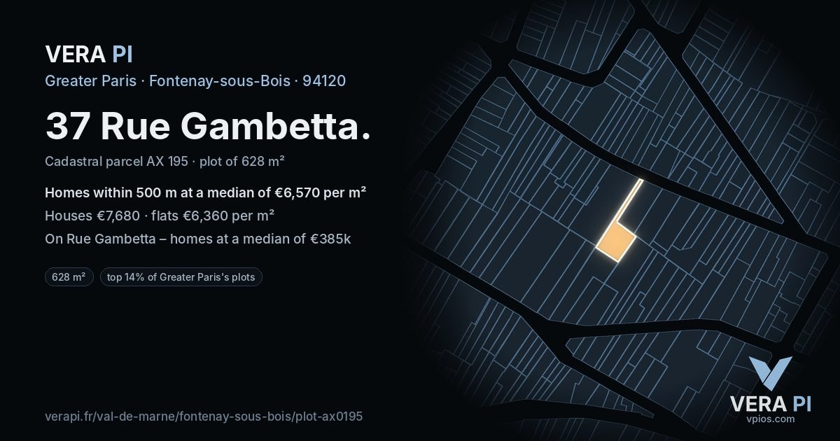 37 Rue Gambetta, Fontenay-sous-Bois at night – the plot lit, the parcels around coloured by the prices near them