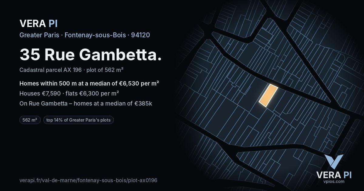 35 Rue Gambetta, Fontenay-sous-Bois at night – the plot lit, the parcels around coloured by the prices near them