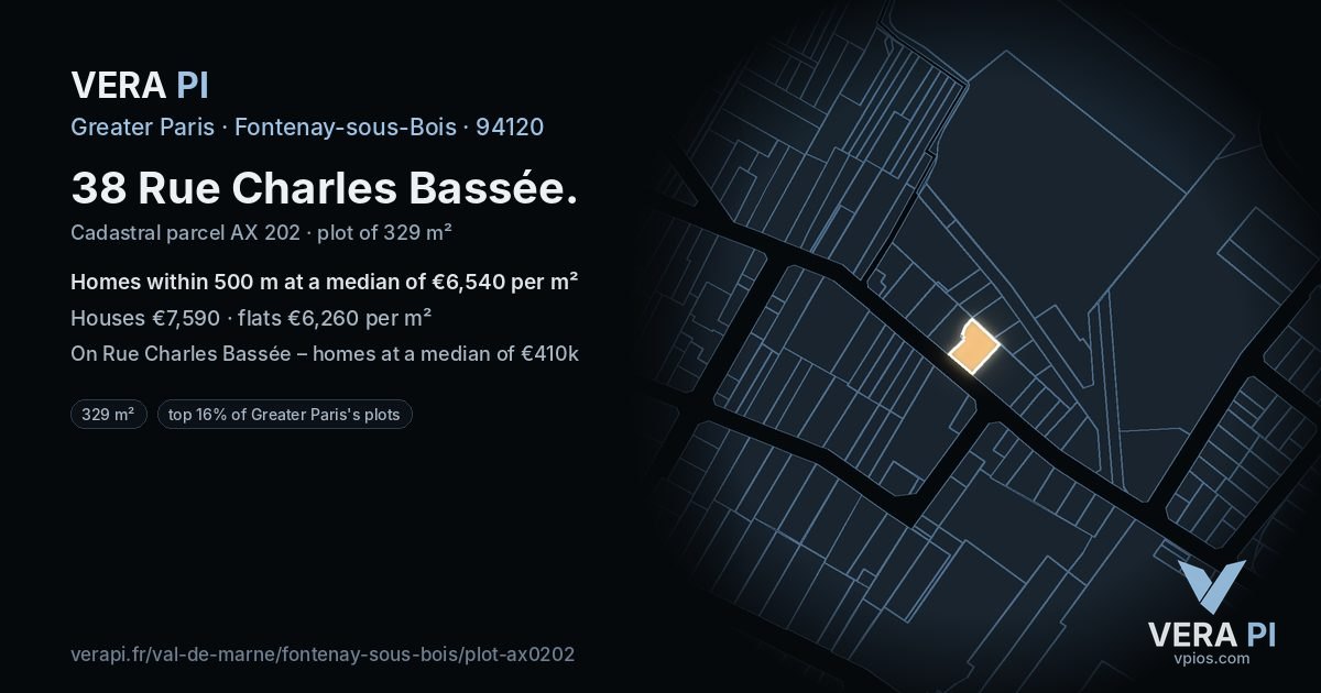 38 Rue Charles Bassée, Fontenay-sous-Bois at night – the plot lit, the parcels around coloured by the prices near them