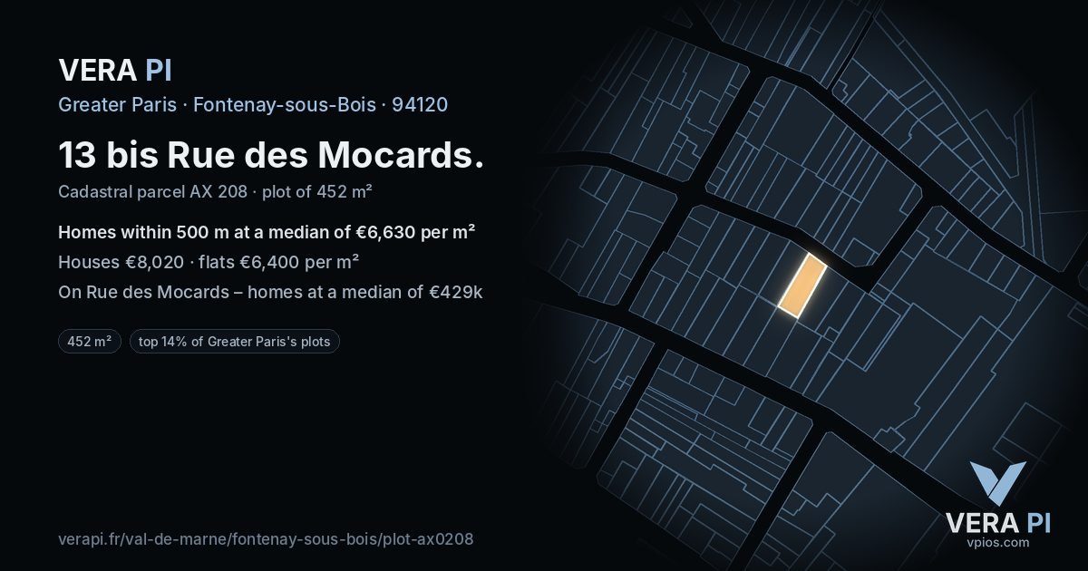 13 bis Rue des Mocards, Fontenay-sous-Bois at night – the plot lit, the parcels around coloured by the prices near them
