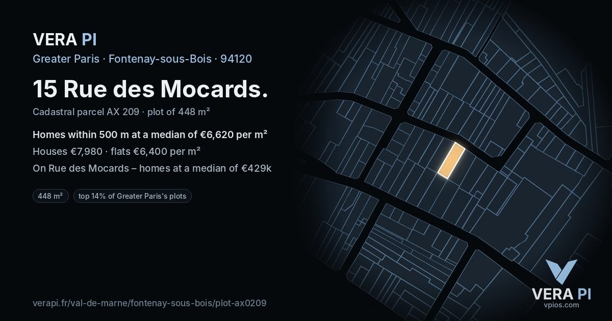 15 Rue des Mocards, Fontenay-sous-Bois at night – the plot lit, the parcels around coloured by the prices near them