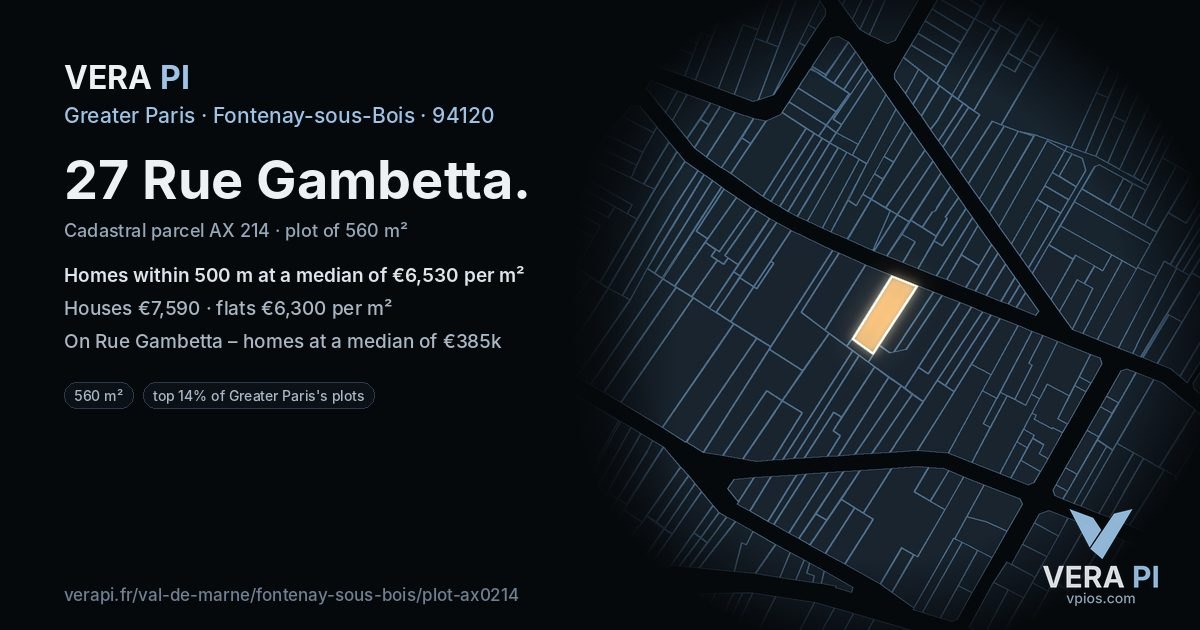 27 Rue Gambetta, Fontenay-sous-Bois at night – the plot lit, the parcels around coloured by the prices near them