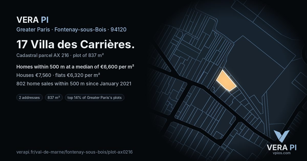 17 Villa des Carrières, Fontenay-sous-Bois at night – the plot lit, the parcels around coloured by the prices near them