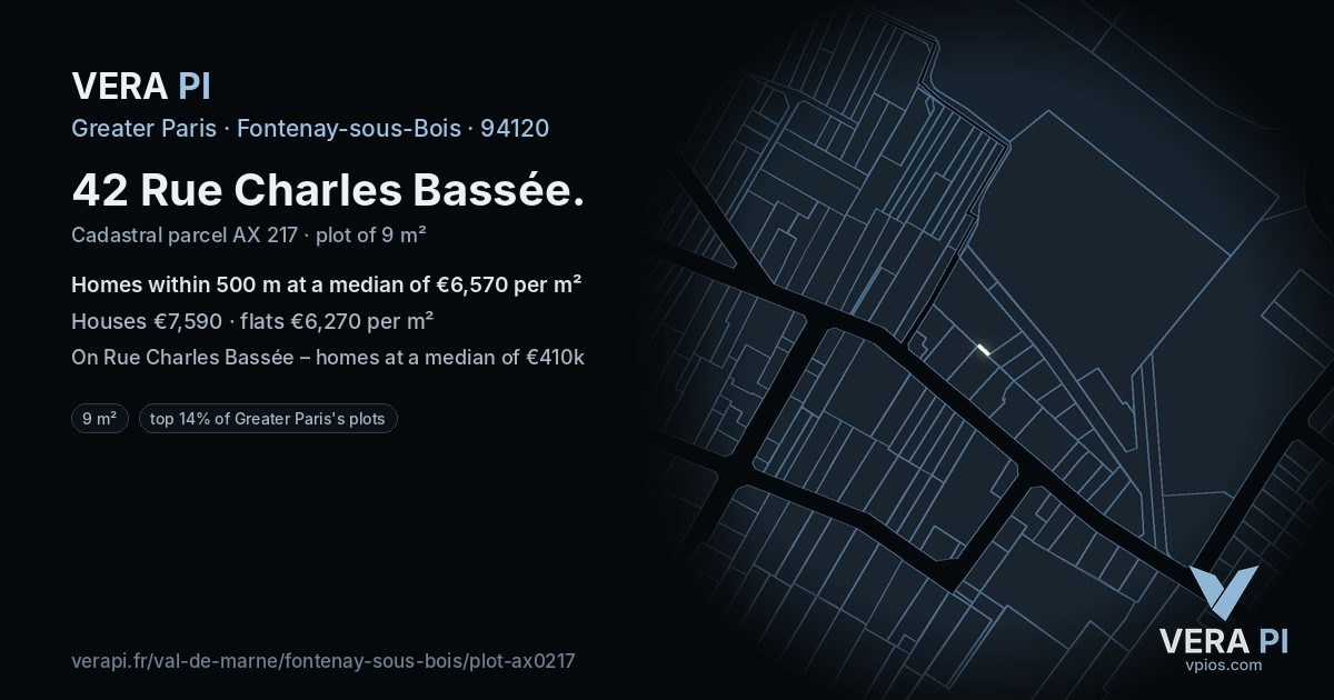 42 Rue Charles Bassée, Fontenay-sous-Bois at night – the plot lit, the parcels around coloured by the prices near them