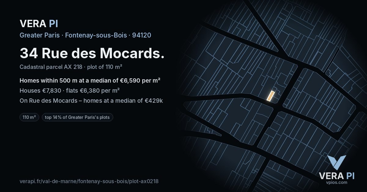 34 Rue des Mocards, Fontenay-sous-Bois at night – the plot lit, the parcels around coloured by the prices near them
