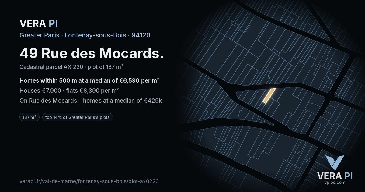 49 Rue des Mocards, Fontenay-sous-Bois at night – the plot lit, the parcels around coloured by the prices near them