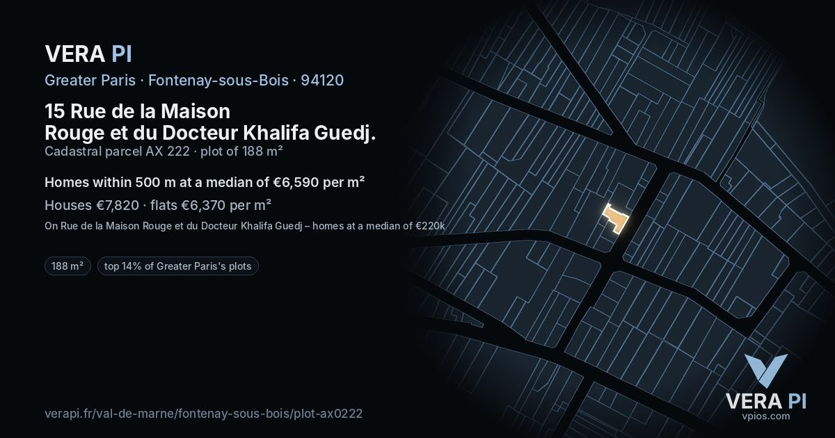 15 Rue de la Maison Rouge et du Docteur Khalifa Guedj, Fontenay-sous-Bois at night – the plot lit, the parcels around coloured by the prices near them