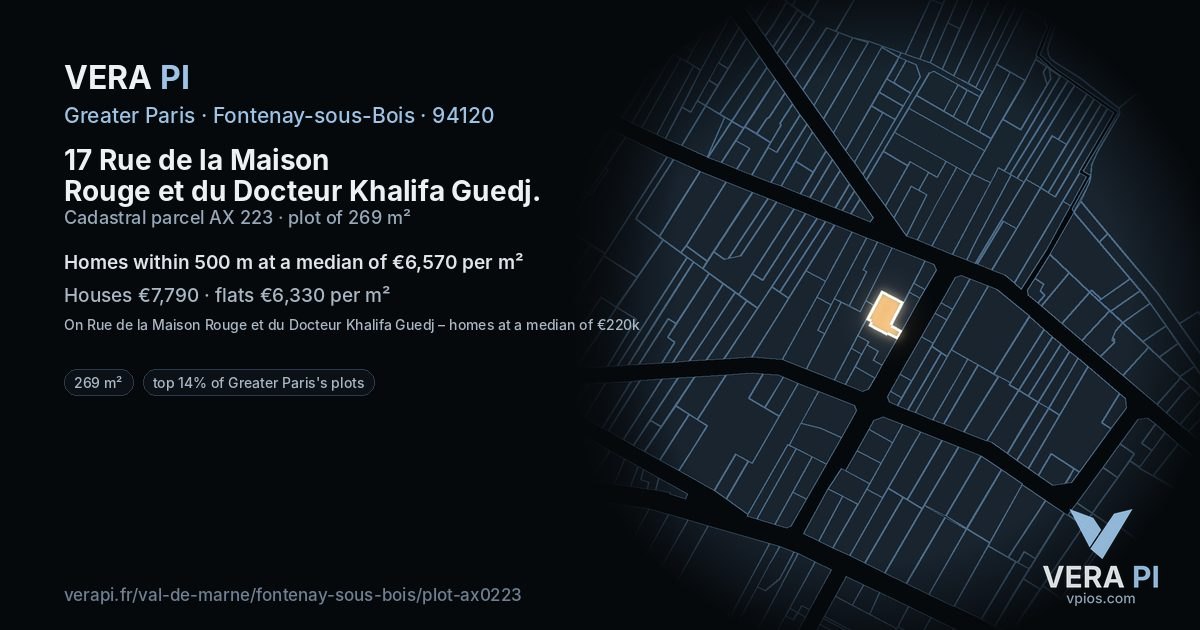 17 Rue de la Maison Rouge et du Docteur Khalifa Guedj, Fontenay-sous-Bois at night – the plot lit, the parcels around coloured by the prices near them