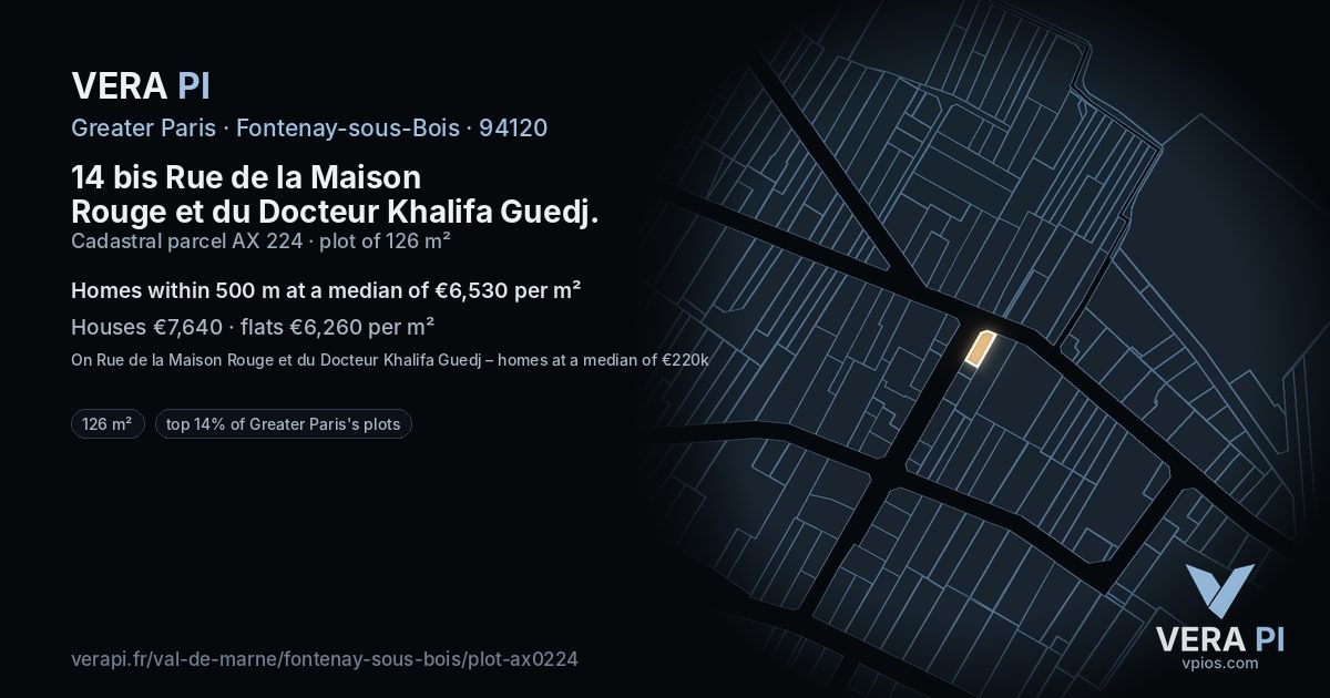 14 bis Rue de la Maison Rouge et du Docteur Khalifa Guedj, Fontenay-sous-Bois at night – the plot lit, the parcels around coloured by the prices near them