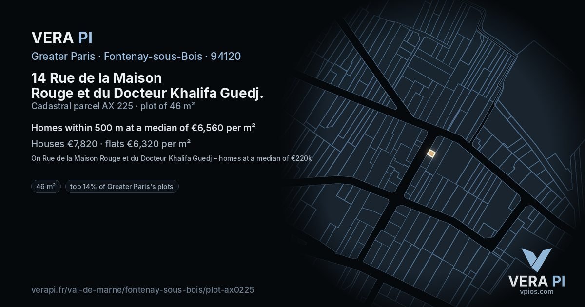 14 Rue de la Maison Rouge et du Docteur Khalifa Guedj, Fontenay-sous-Bois at night – the plot lit, the parcels around coloured by the prices near them
