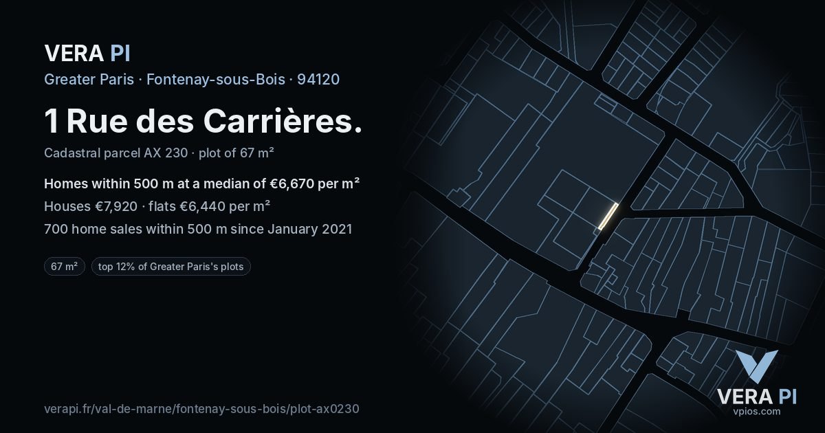 1 Rue des Carrières, Fontenay-sous-Bois at night – the plot lit, the parcels around coloured by the prices near them