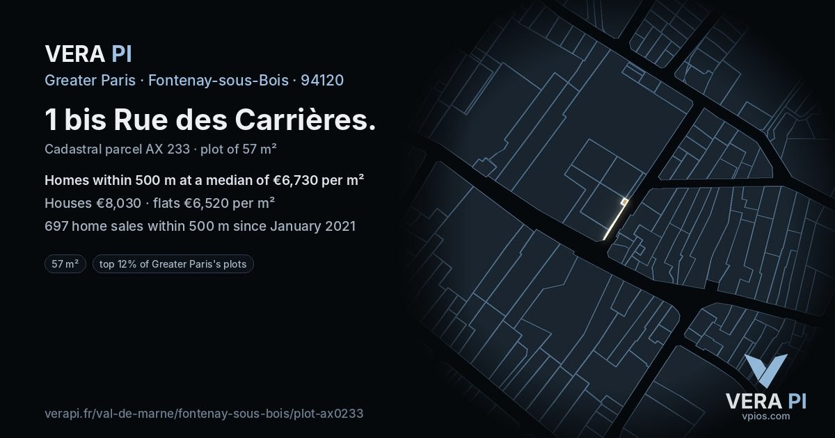 1 bis Rue des Carrières, Fontenay-sous-Bois at night – the plot lit, the parcels around coloured by the prices near them