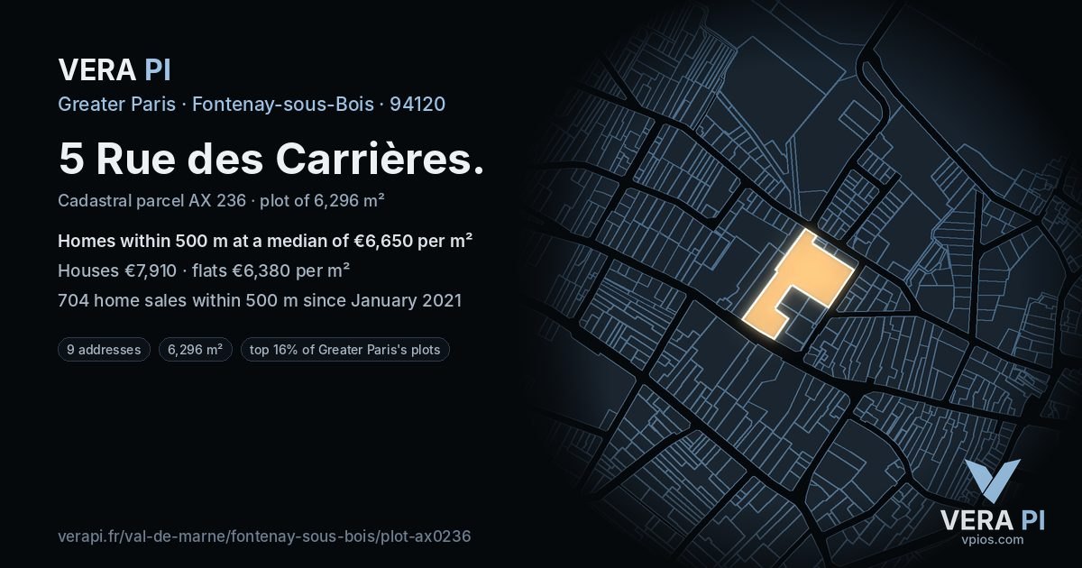 5 Rue des Carrières, Fontenay-sous-Bois at night – the plot lit, the parcels around coloured by the prices near them