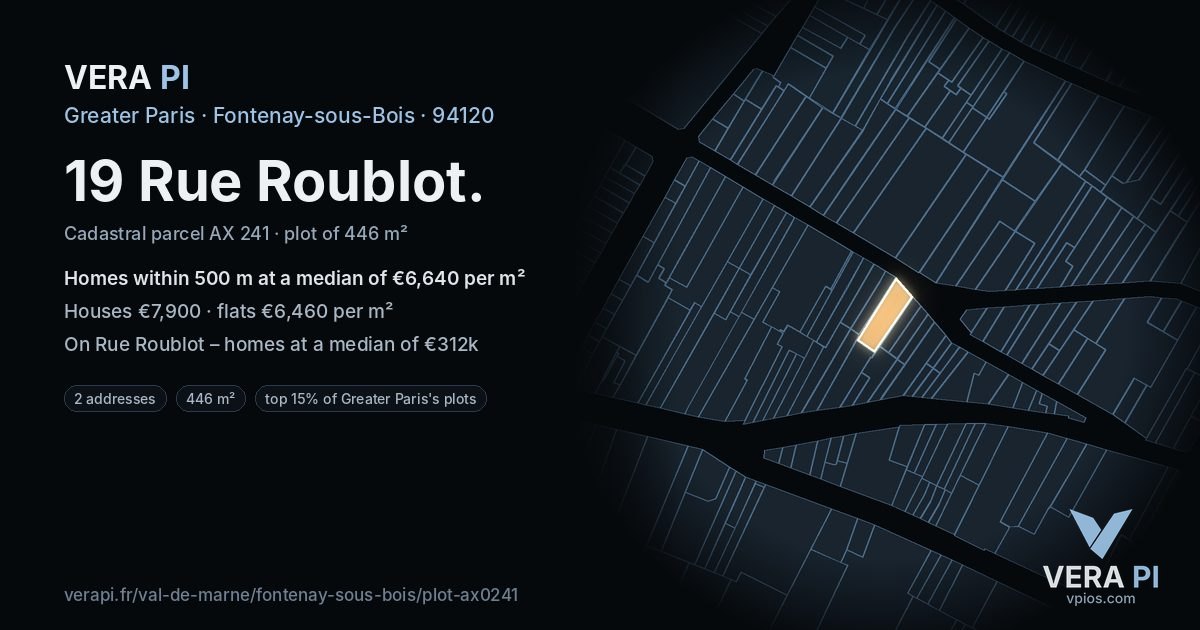 19 Rue Roublot, Fontenay-sous-Bois at night – the plot lit, the parcels around coloured by the prices near them