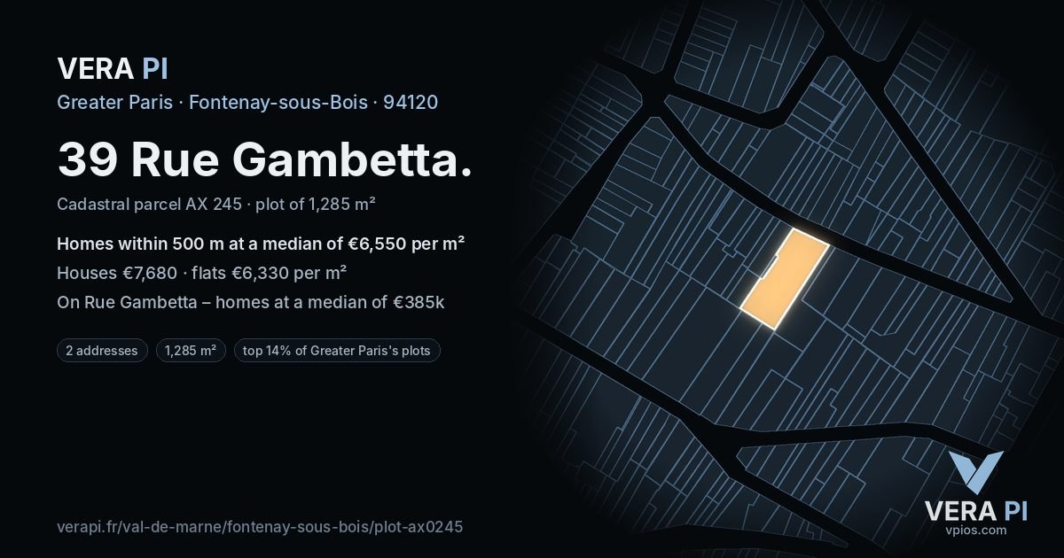 39 Rue Gambetta, Fontenay-sous-Bois at night – the plot lit, the parcels around coloured by the prices near them
