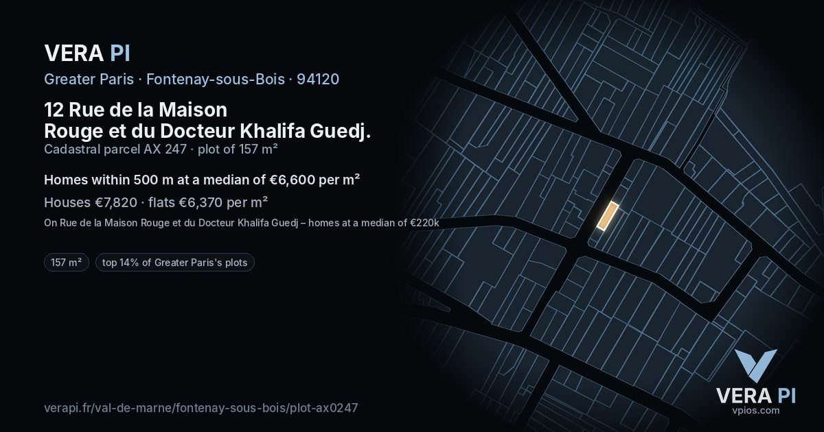 12 Rue de la Maison Rouge et du Docteur Khalifa Guedj, Fontenay-sous-Bois at night – the plot lit, the parcels around coloured by the prices near them