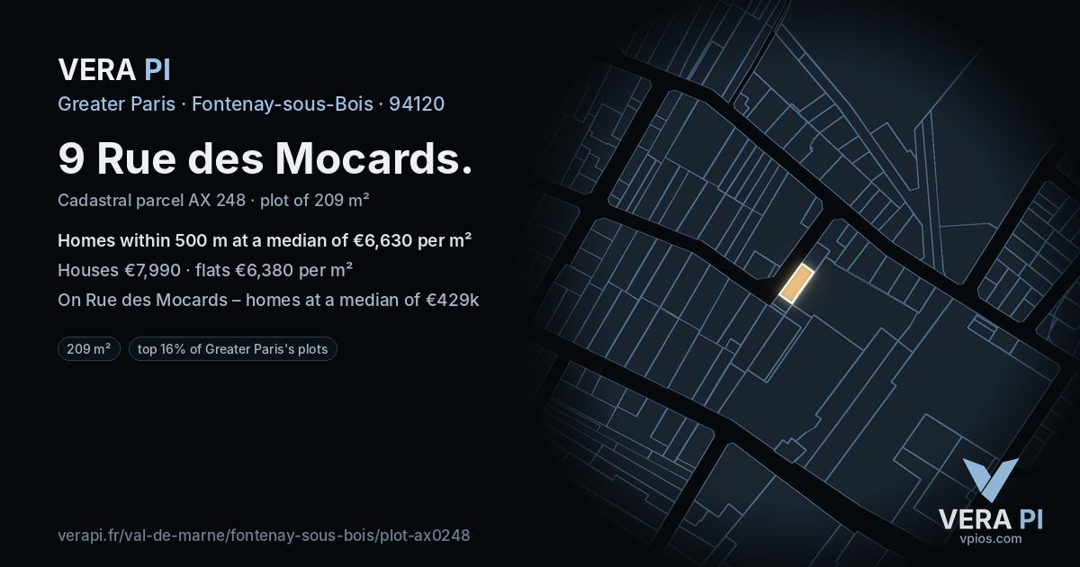 9 Rue des Mocards, Fontenay-sous-Bois at night – the plot lit, the parcels around coloured by the prices near them