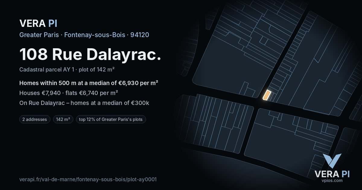 108 Rue Dalayrac, Fontenay-sous-Bois at night – the plot lit, the parcels around coloured by the prices near them