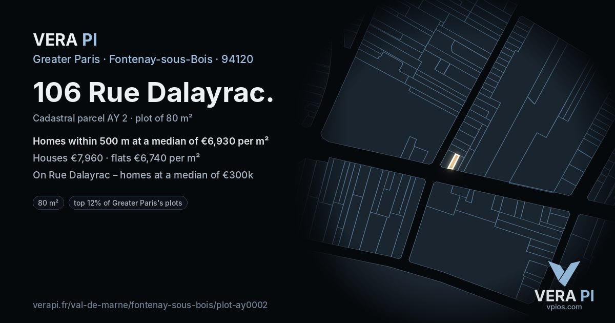 106 Rue Dalayrac, Fontenay-sous-Bois at night – the plot lit, the parcels around coloured by the prices near them