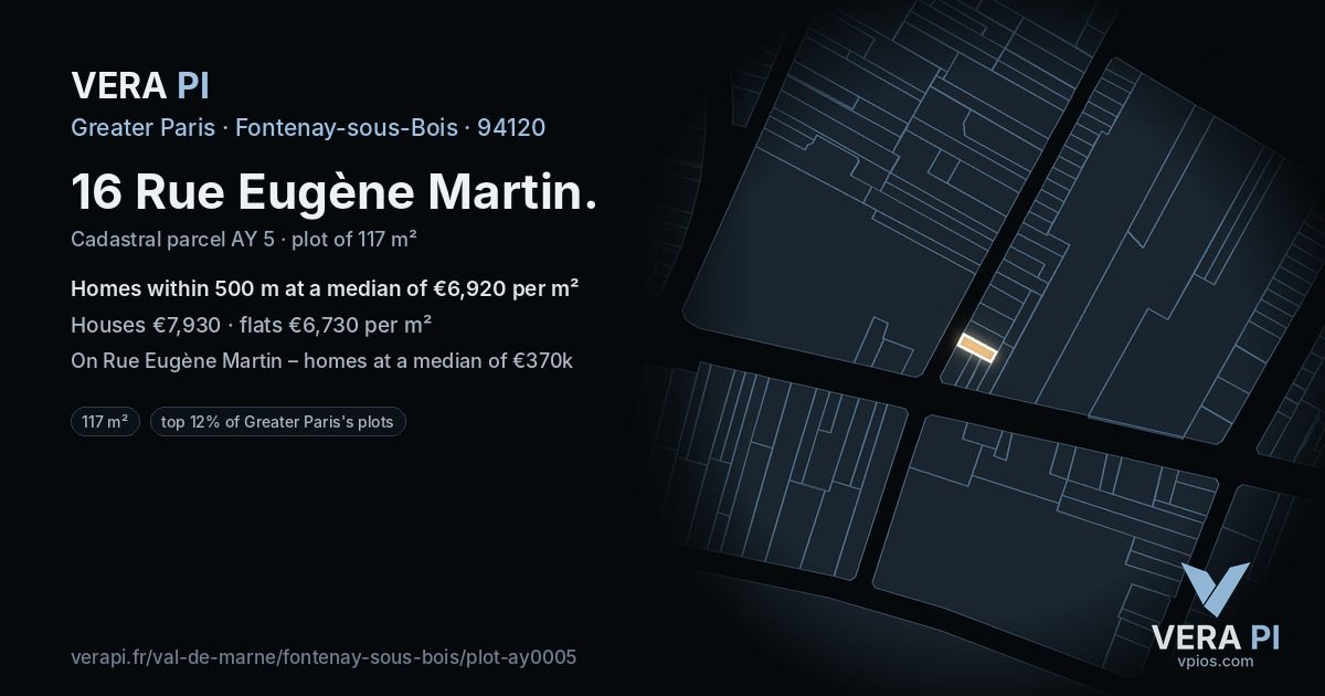 16 Rue Eugène Martin, Fontenay-sous-Bois at night – the plot lit, the parcels around coloured by the prices near them