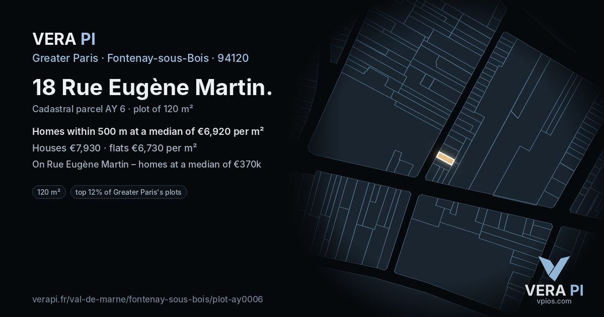 18 Rue Eugène Martin, Fontenay-sous-Bois at night – the plot lit, the parcels around coloured by the prices near them