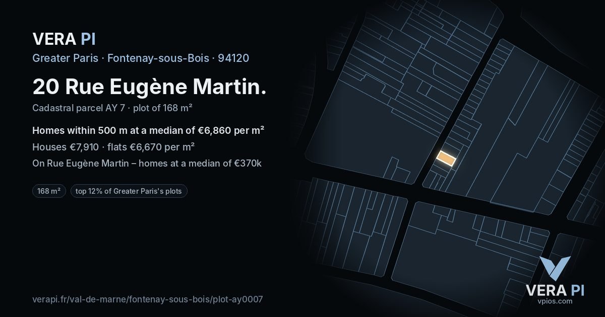 20 Rue Eugène Martin, Fontenay-sous-Bois at night – the plot lit, the parcels around coloured by the prices near them