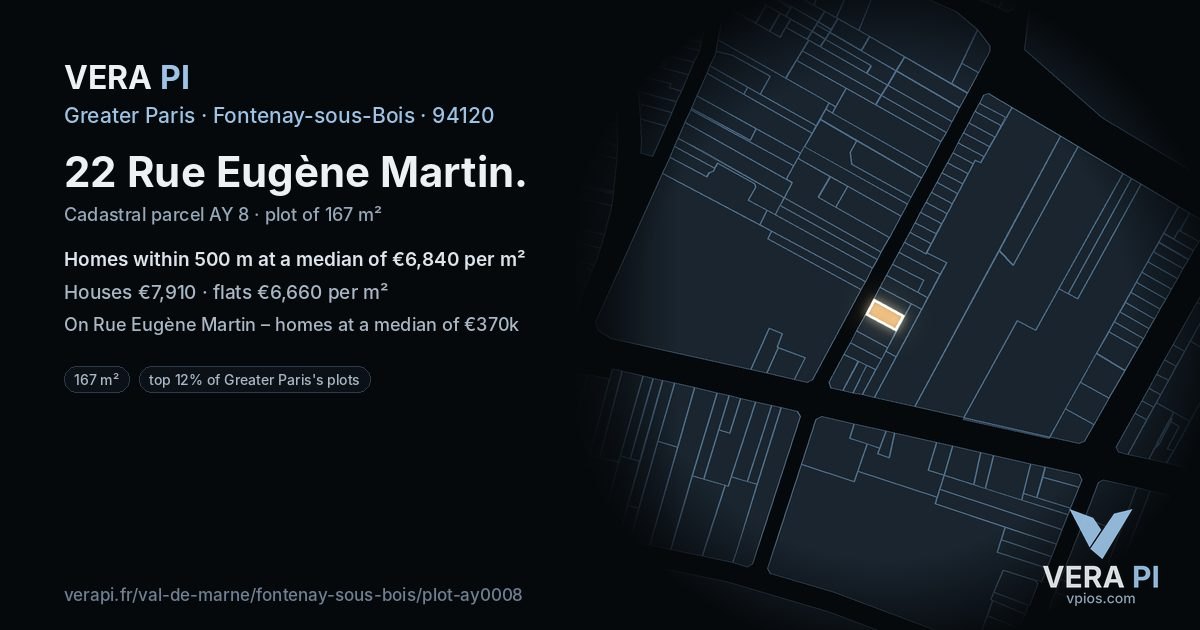22 Rue Eugène Martin, Fontenay-sous-Bois at night – the plot lit, the parcels around coloured by the prices near them