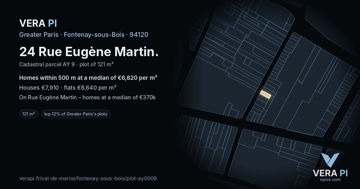 24 Rue Eugène Martin, Fontenay-sous-Bois at night – the plot lit, the parcels around coloured by the prices near them