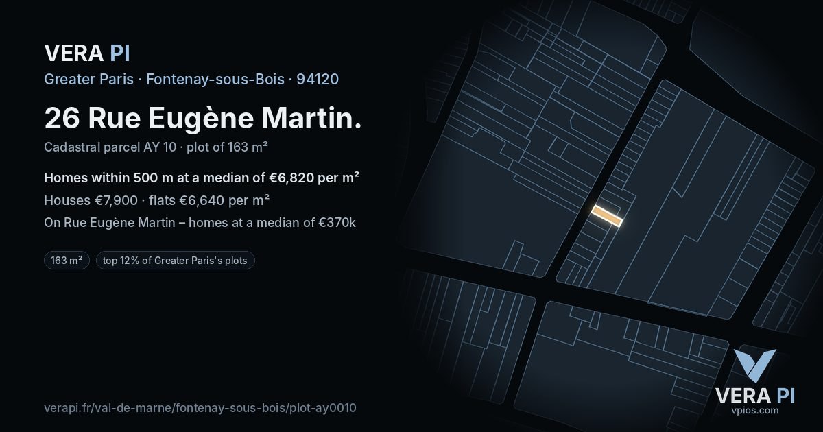 26 Rue Eugène Martin, Fontenay-sous-Bois at night – the plot lit, the parcels around coloured by the prices near them