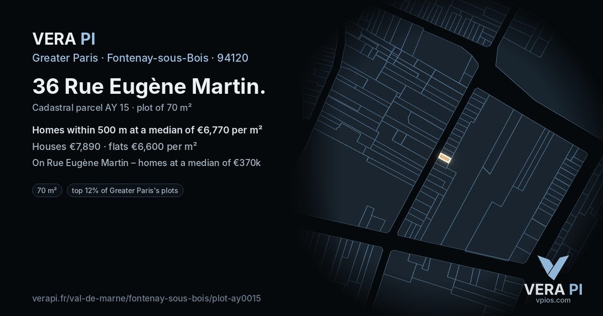 36 Rue Eugène Martin, Fontenay-sous-Bois at night – the plot lit, the parcels around coloured by the prices near them