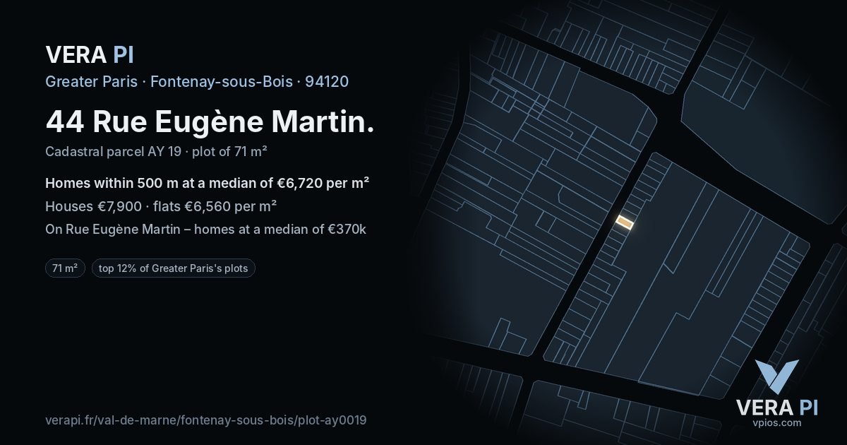 44 Rue Eugène Martin, Fontenay-sous-Bois at night – the plot lit, the parcels around coloured by the prices near them