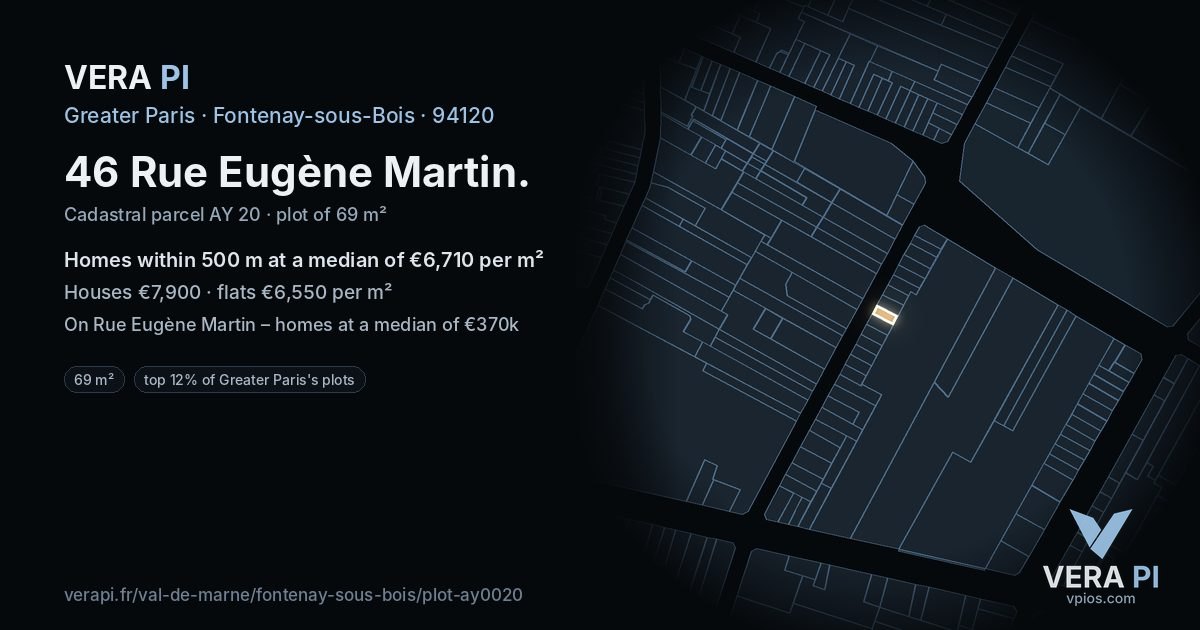 46 Rue Eugène Martin, Fontenay-sous-Bois at night – the plot lit, the parcels around coloured by the prices near them