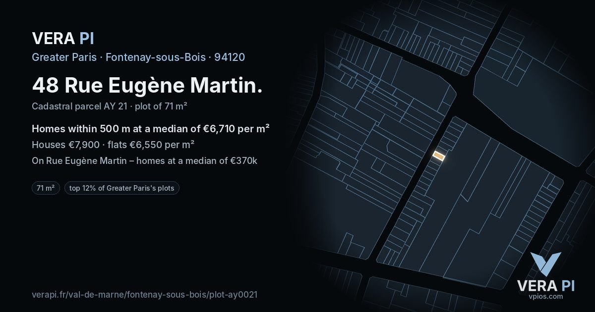 48 Rue Eugène Martin, Fontenay-sous-Bois at night – the plot lit, the parcels around coloured by the prices near them