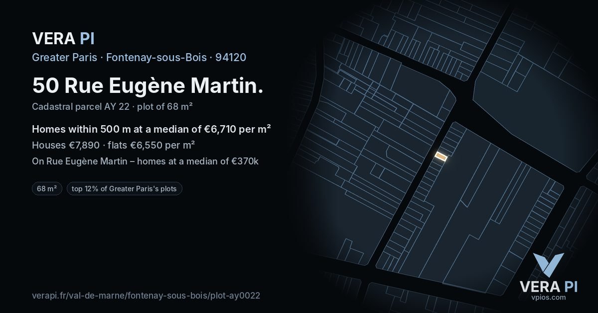 50 Rue Eugène Martin, Fontenay-sous-Bois at night – the plot lit, the parcels around coloured by the prices near them