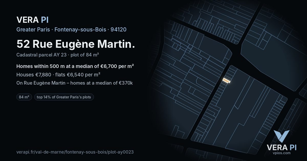 52 Rue Eugène Martin, Fontenay-sous-Bois at night – the plot lit, the parcels around coloured by the prices near them
