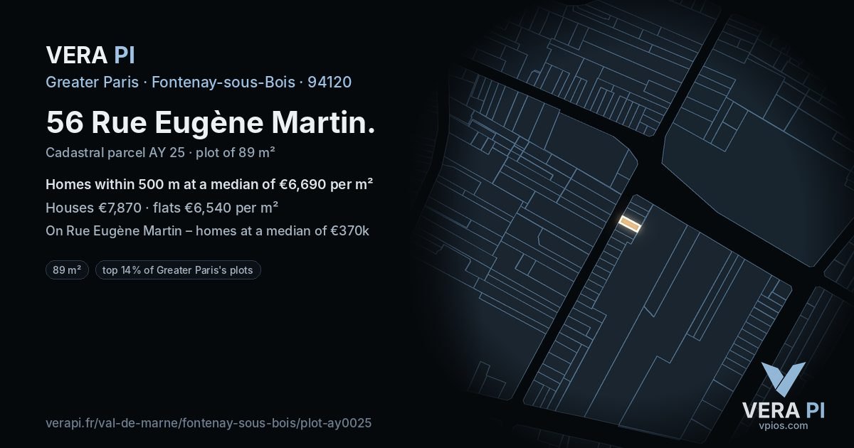 56 Rue Eugène Martin, Fontenay-sous-Bois at night – the plot lit, the parcels around coloured by the prices near them