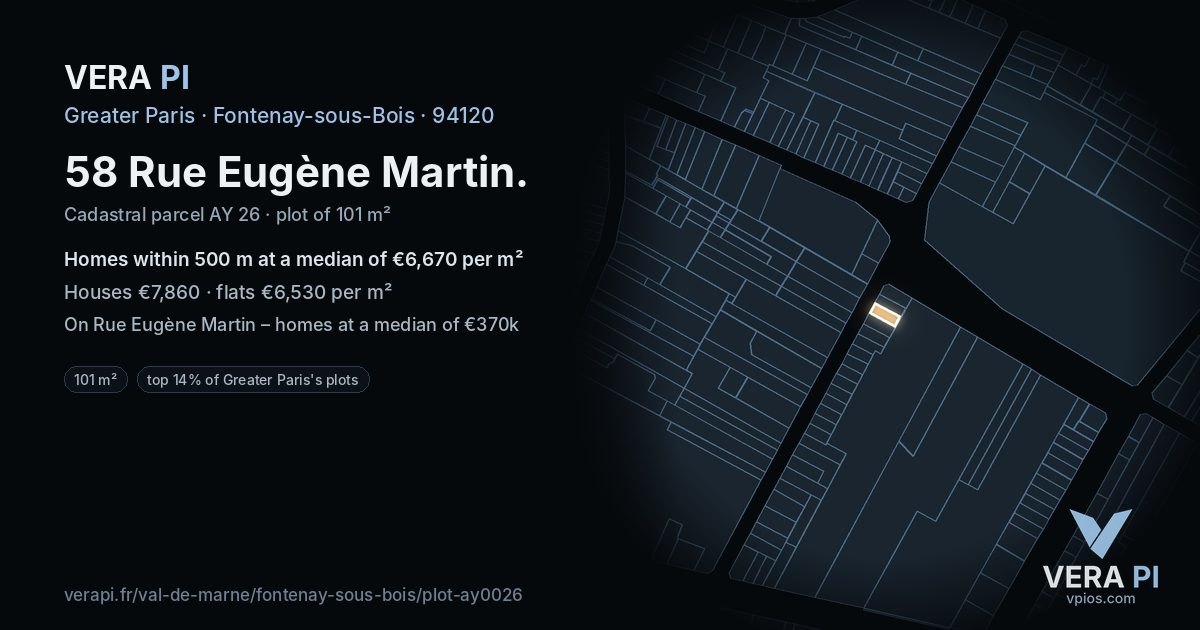 58 Rue Eugène Martin, Fontenay-sous-Bois at night – the plot lit, the parcels around coloured by the prices near them