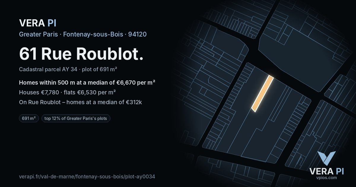 61 Rue Roublot, Fontenay-sous-Bois at night – the plot lit, the parcels around coloured by the prices near them