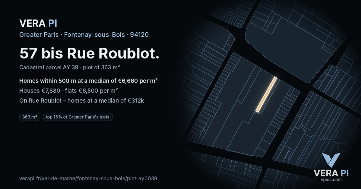 57 bis Rue Roublot, Fontenay-sous-Bois at night – the plot lit, the parcels around coloured by the prices near them