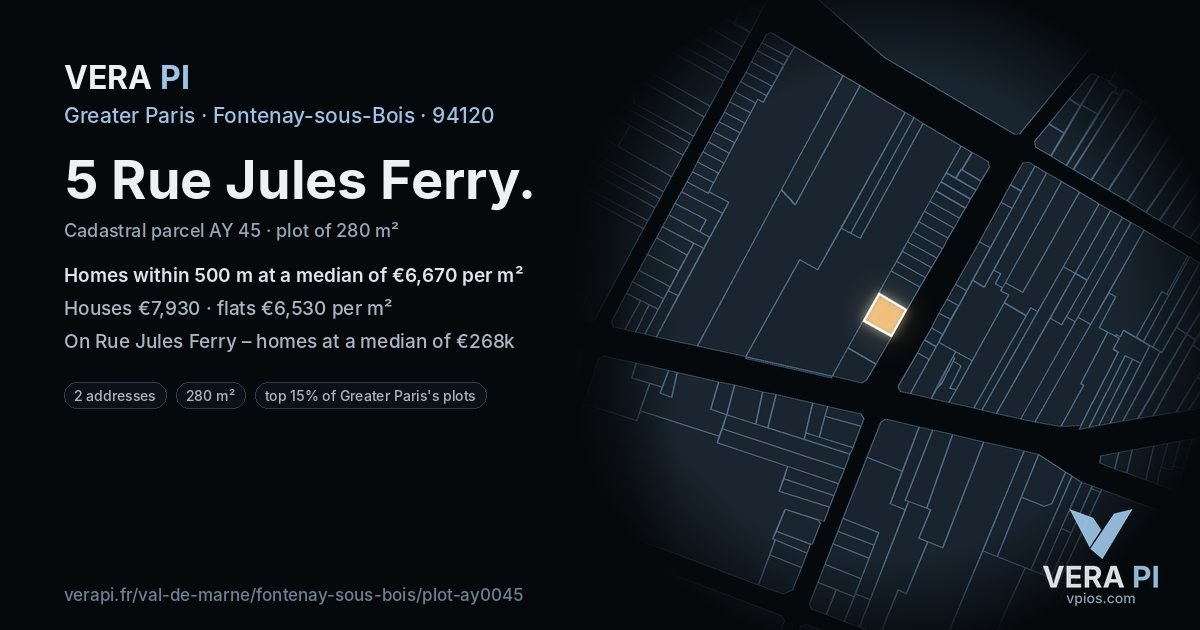 5 Rue Jules Ferry, Fontenay-sous-Bois at night – the plot lit, the parcels around coloured by the prices near them