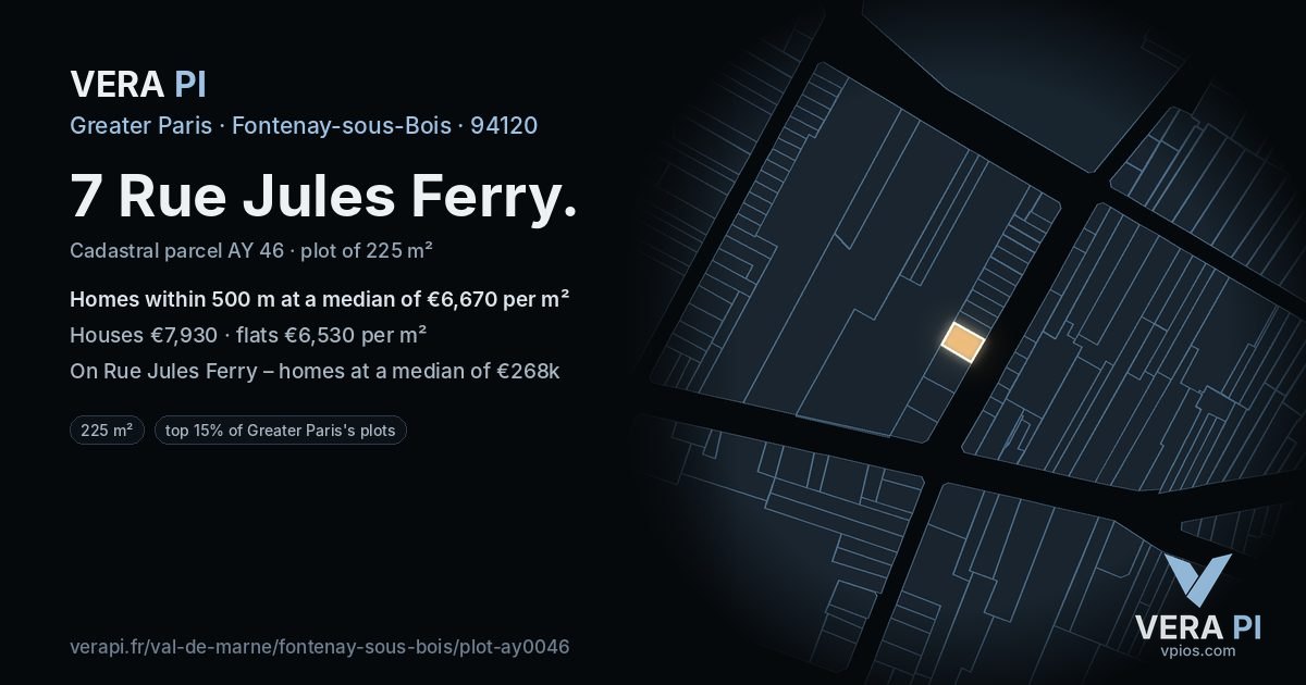 7 Rue Jules Ferry, Fontenay-sous-Bois at night – the plot lit, the parcels around coloured by the prices near them