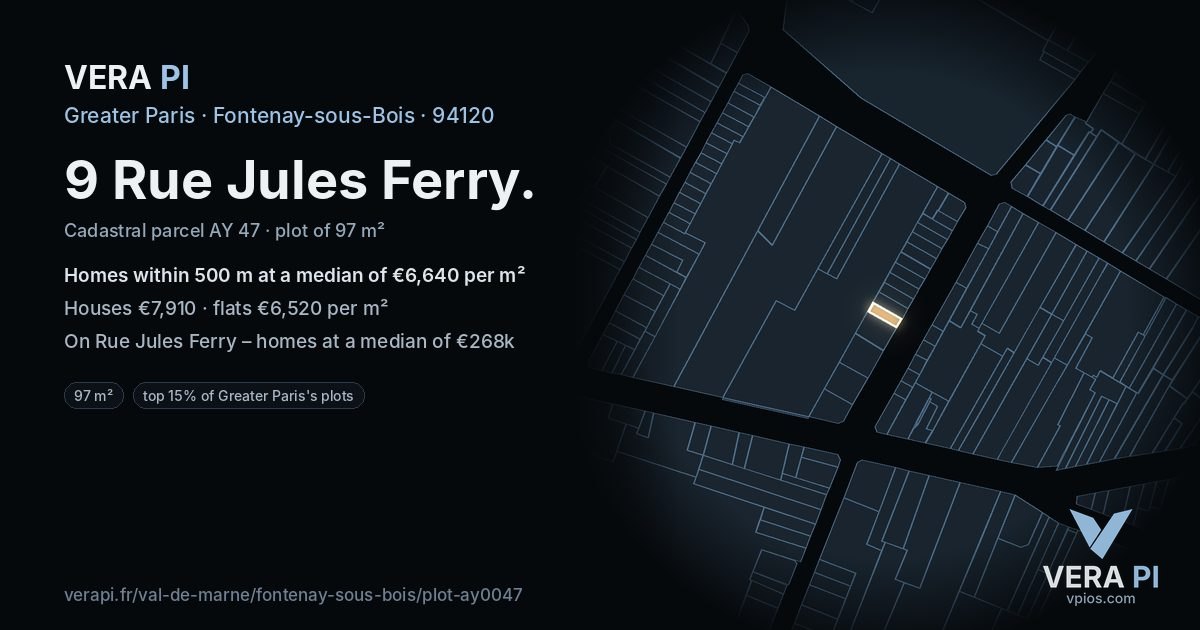 9 Rue Jules Ferry, Fontenay-sous-Bois at night – the plot lit, the parcels around coloured by the prices near them
