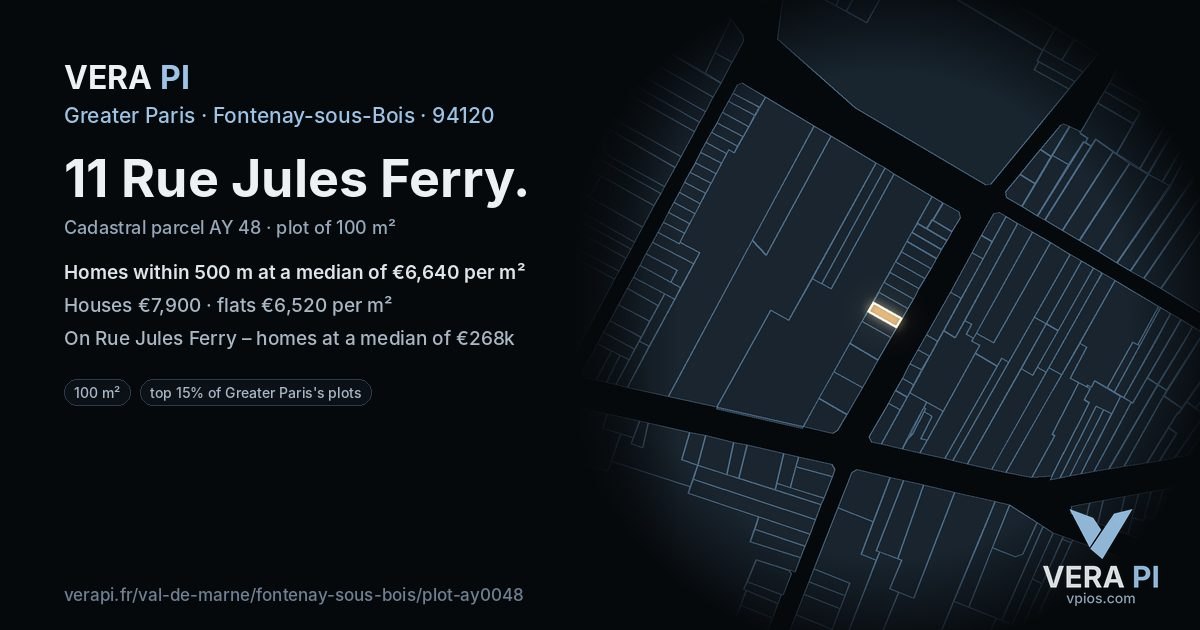 11 Rue Jules Ferry, Fontenay-sous-Bois at night – the plot lit, the parcels around coloured by the prices near them