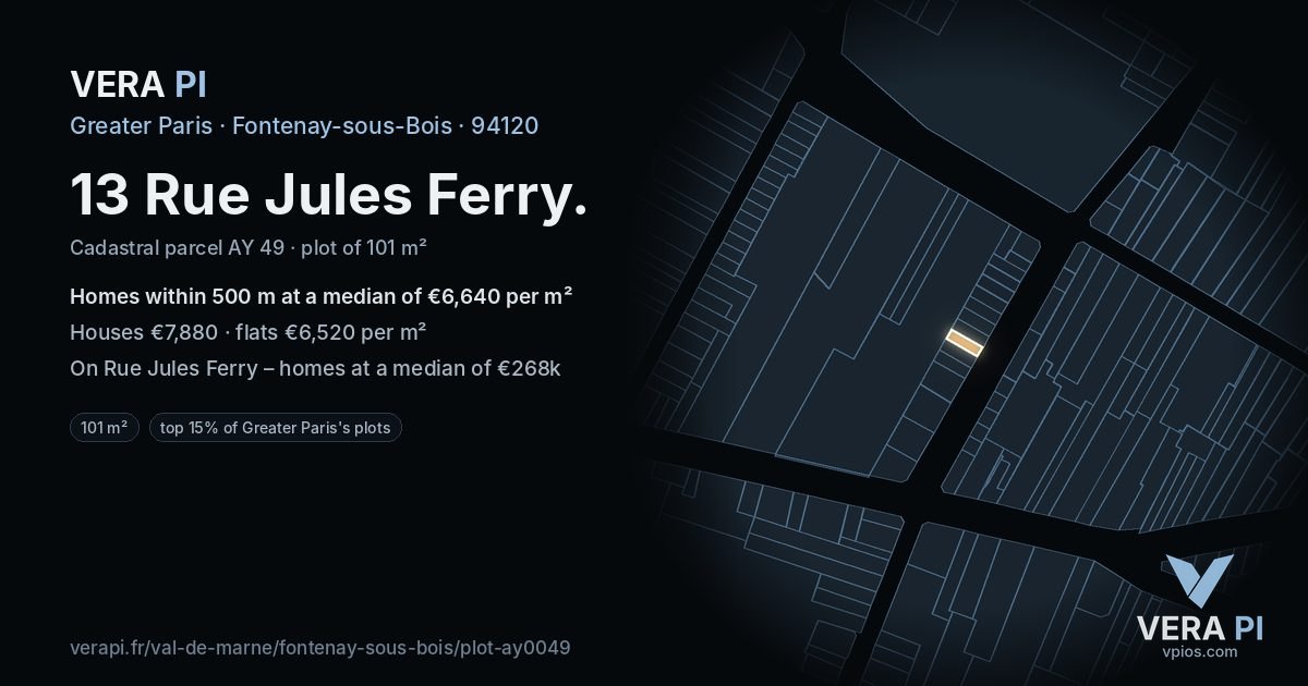 13 Rue Jules Ferry, Fontenay-sous-Bois at night – the plot lit, the parcels around coloured by the prices near them