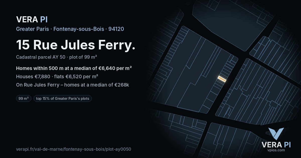15 Rue Jules Ferry, Fontenay-sous-Bois at night – the plot lit, the parcels around coloured by the prices near them